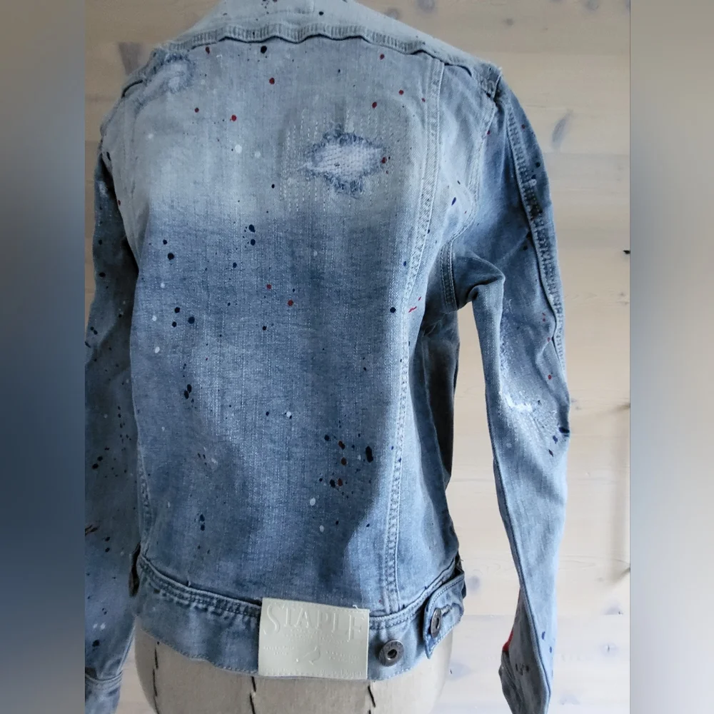 Jeff Staple Splatter Striped Distressed Denim Jean Jacket Unisex XS / W S-M, NWT